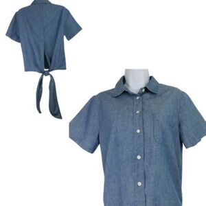 Lucky Brand Back Tie Crop Top Size S Blue Chambray Blouse Button Front Shirt